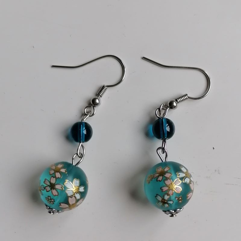 Cherry bead earrings- waterblue