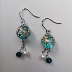 Cherry bead pendant earrings- waterblue