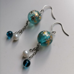 Cherry bead pendant earrings- waterblue