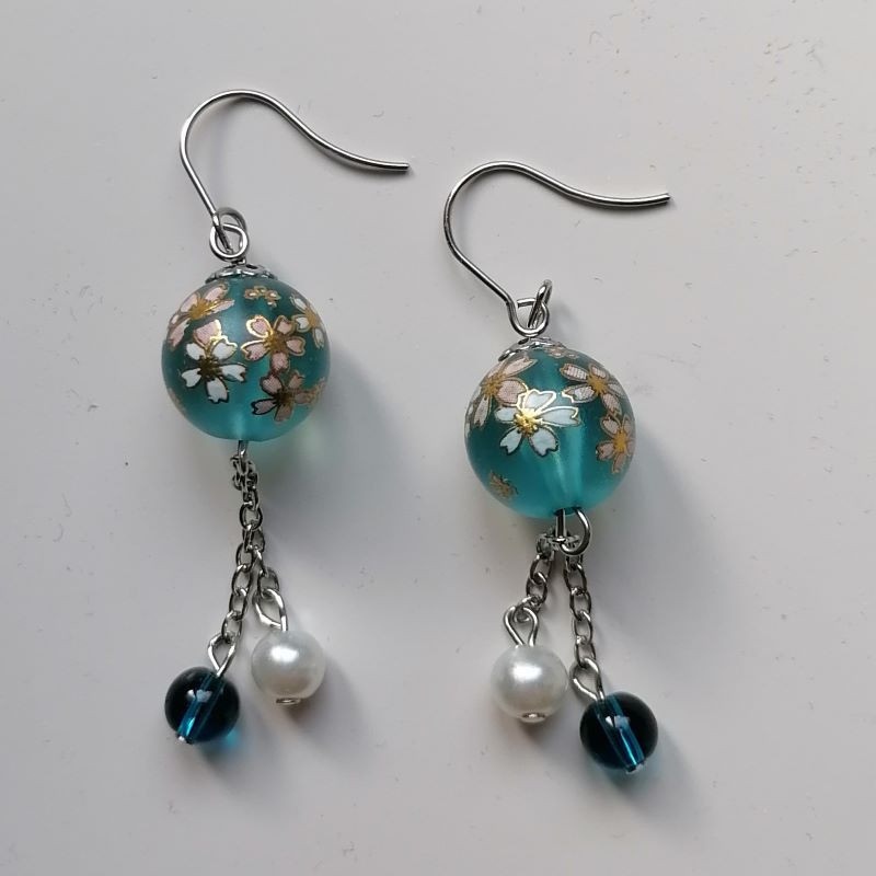Cherry bead pendant earrings- waterblue