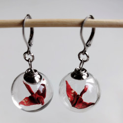 Earrings Crane in glassball -red