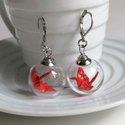 Earrings Crane in glassball -red