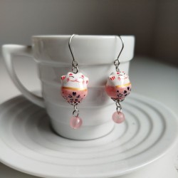 Earrings Manekineko Pink with bead