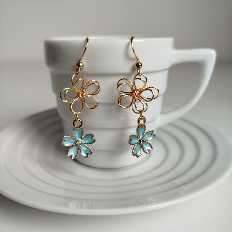 Cherry and metal flower earrings skyblue