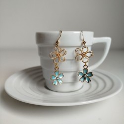 Cherry and metal flower earrings skyblue