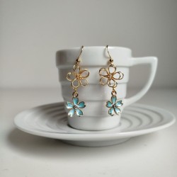 Cherry and metal flower earrings skyblue