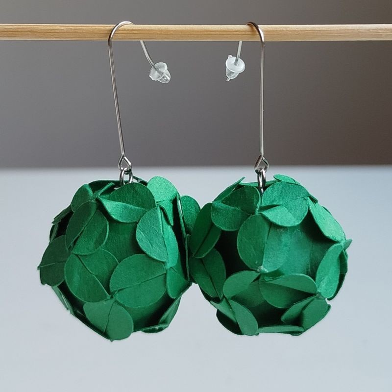 Paper Earrings-flower ball Green S