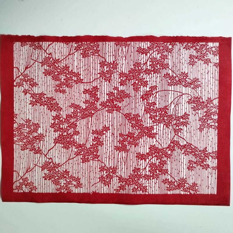 Katazome Washi Willow and Maple red